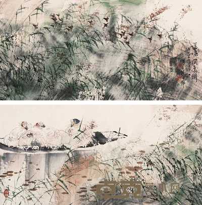 王明明 1991年作 芦塘闲逸图 镜心 34×138cm